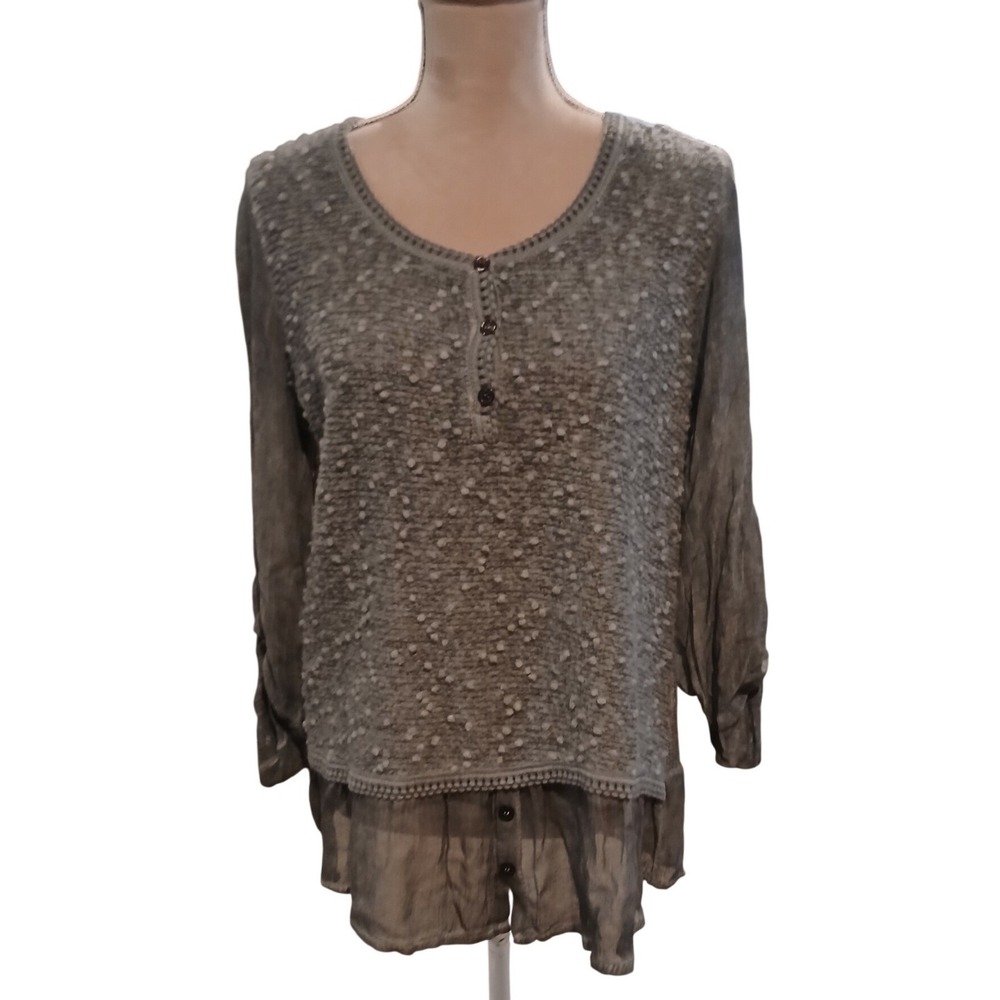 Tempo Paris Grey Popcorn Knit Henley Sweater Roll Tab Sleeve Medium Lagenlook
